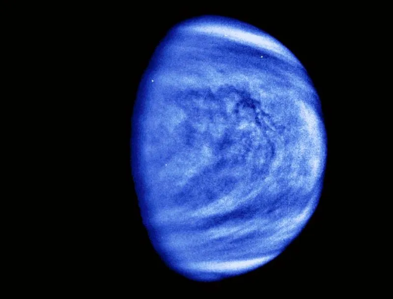 Venus cloud patterns captured by the Galileo spacecraft on 14 February 1990 from a distance of 17. Million miles away. The rendition has been coloured blue to emphasise contrast in the cloud markings. Credit: NASA/JPL