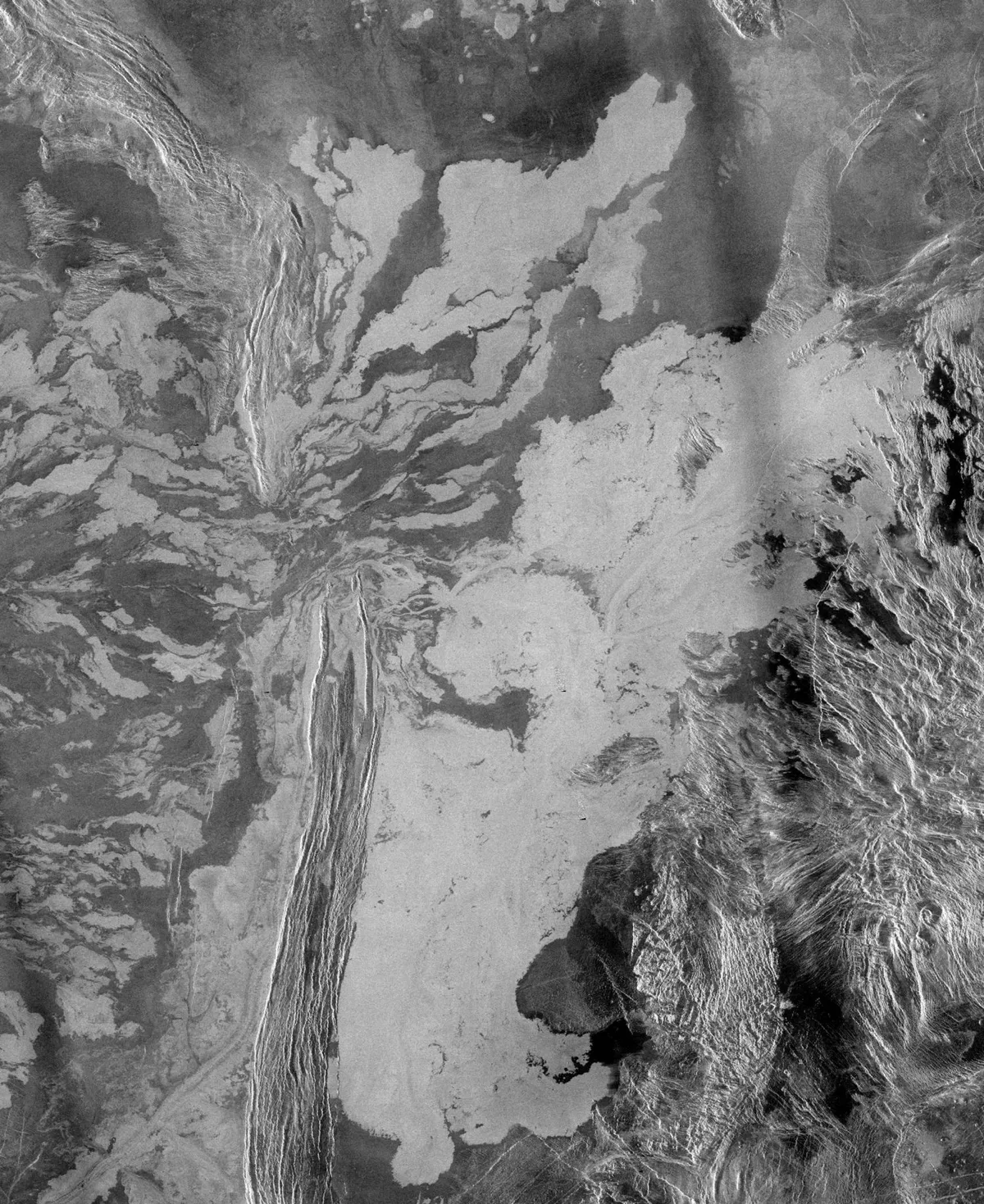 A system of dark lava flows on the surface of Venus, captured in an image by the Magellan spacecraft. Credit: NASA/JPL