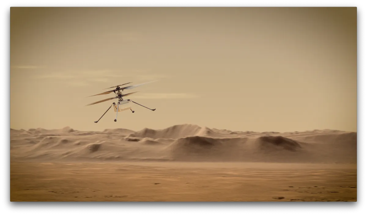Artist's impression of NASA's Ingenuity Mars Helicopter flying through Martian sky. Credit: NASA/JPL-Caltech