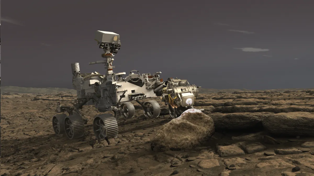 An artist's impression showing the Perseverance rover using its Planetary Instrument for X-ray Lithochemistry (PIXL) instrument to study a Martian rock. Credit: NASA/JPL-Caltech
