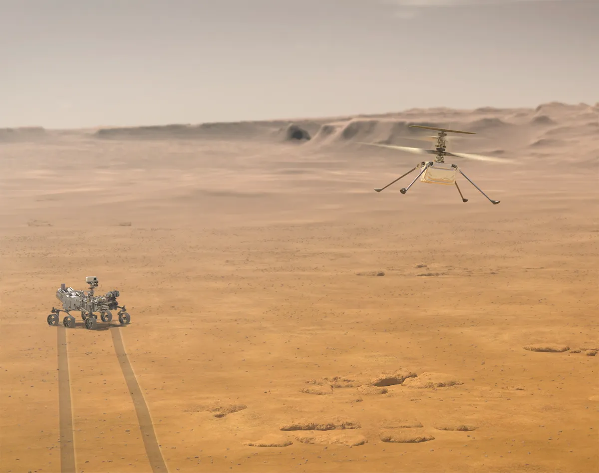 An artist's impression of the Perseverance rover and Ingenuity Helicopter on Mars. Credit: NASA/JPL-Caltech.