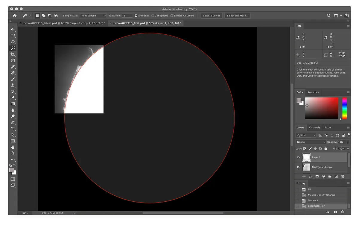 A screenshot showing how a circular disc the size of the Sun has been selected. We add a new layer and fill this selection in black to create the occulting disc. Credit: Alan Friedman