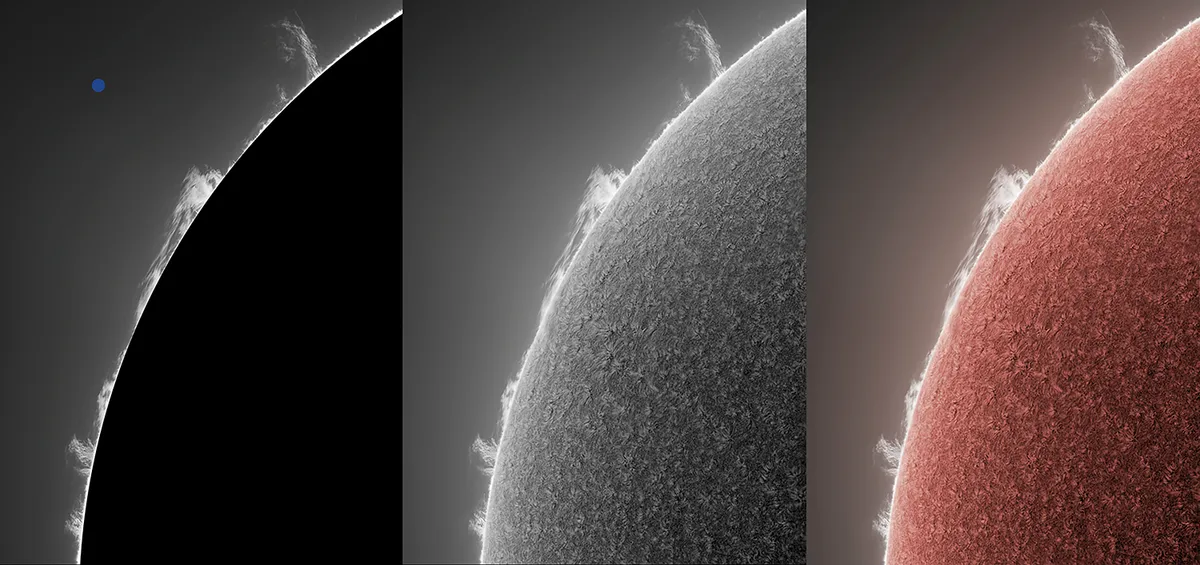 Three variations of image presentation: (left) the prominences with a black occulting disc and a blue circle to show Earth’s size to scale; (middle) with added chromospheric detail; (right) the final result with colour. Credit: Alan Friedman