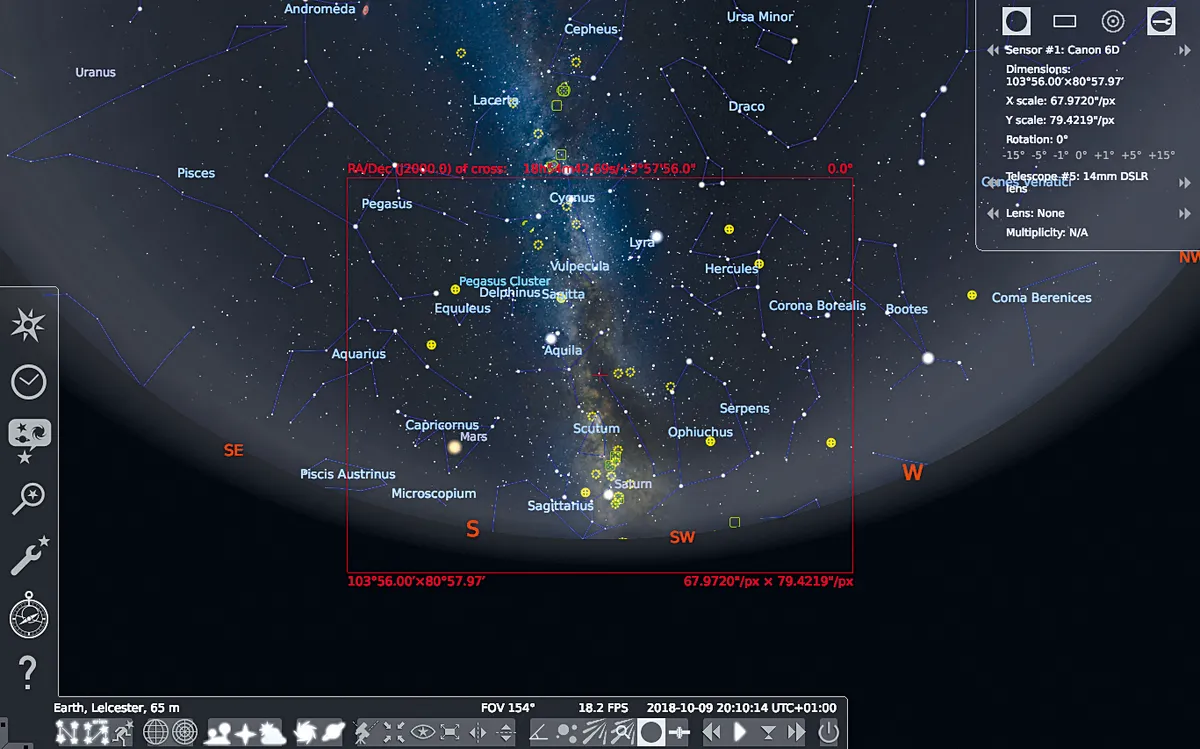 Stellarium eyepiece and camera fields of view. Credit: Stellarium