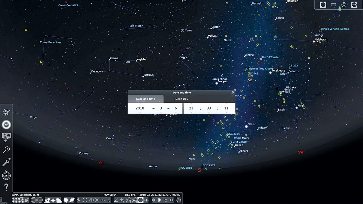 Stellarium set date and time. Credit: Stellarium