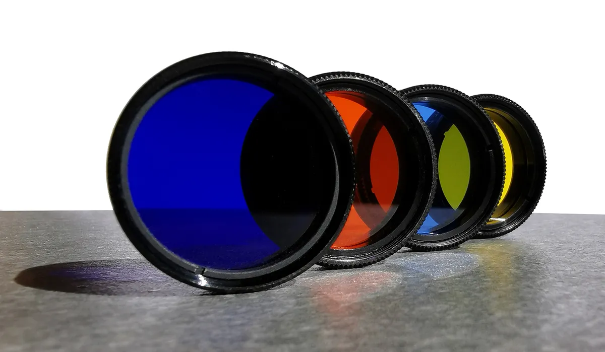 A good selection of coloured telescope filters is a useful addition to your astronomy setup. Credit: Pete Lawrence