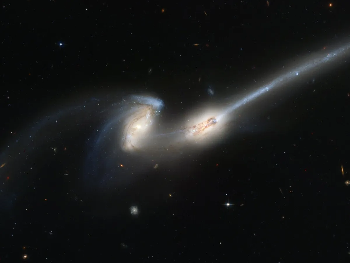 A pair of colliding galaxies nicknamed 'The Mice', captured by the Hubble Space Telescope. Will the Andromeda-Milky Way collision look like this? Credit: NASA, Holland Ford (JHU), the ACS Science Team and ESA