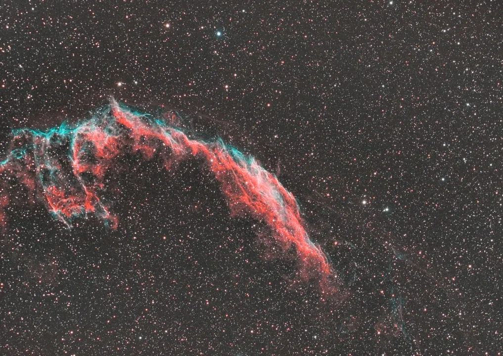 The Eastern Veil Nebula Michael Caller, Selsdon, Surrey, 23 and 24 June 2020. Equipment: Dual rig: ZWO ASI 1600MM Pro with Sky-Watcher Esprit 100 ED/ZWO ASI 183MC-Pro with William Optics RedCat 51, Sky-Watcher EQ6-R Pro mount