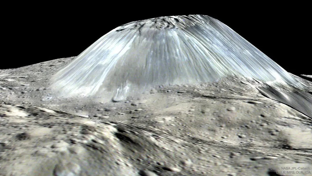 Ahuna Mons, found on dwarf planet Ceres, is thought to be an ice volcano that formed from the eruption of salty water and rock from within. Credit: Dawn Mission, NASA, JPL-Caltech, UCLA, MPS/DLR/IDA