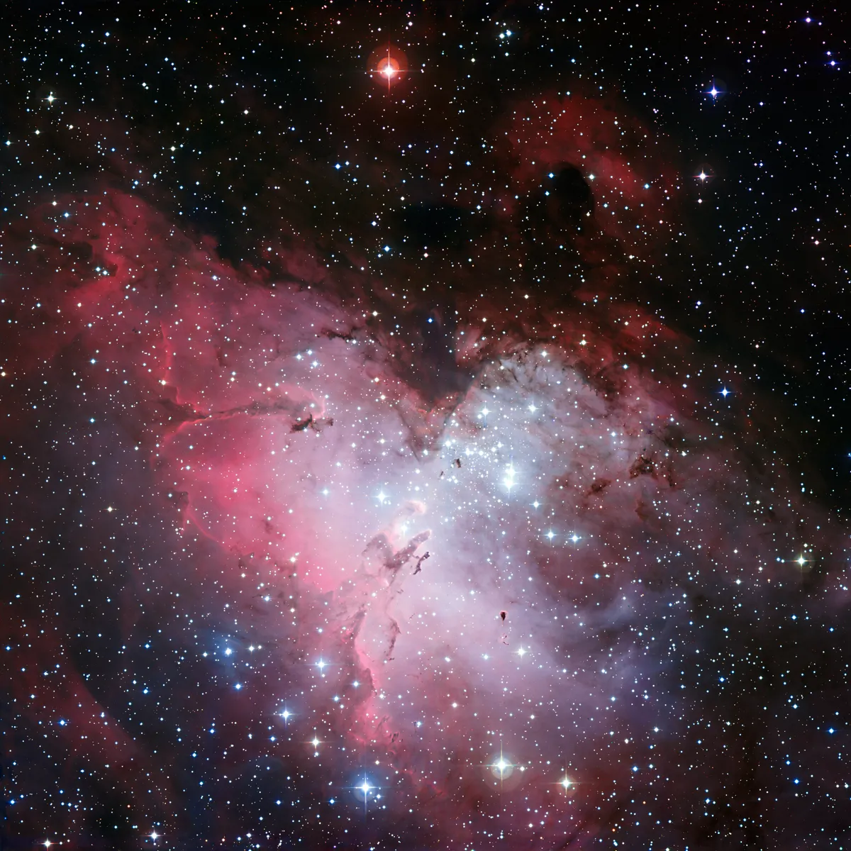 The Eagle Nebula, based on images obtained with the Wide-Field Imager camera on the MPG/ESO 2.2-metre telescope at the La Silla Observatory. This is a star-forming region, so-called because it contains all the cosmic dust and gas necessary for new stars to be born.