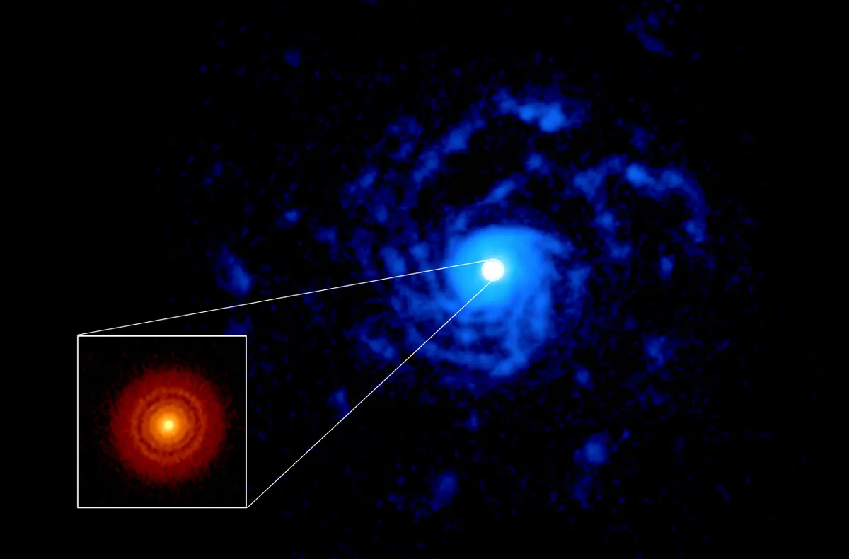 RU Lup’s disc (red) and the huge spiral structure (blue) that emerged when carbon monoxide emissions were analysed. Credit: ALMA (ESO/NAOJ/NRAO) J. Huang and S. Andrews/NRAO/AUI/NSF/S. Dagnello