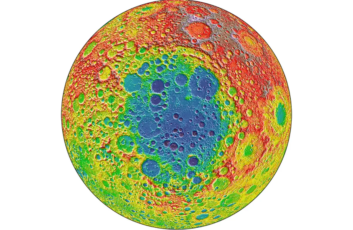 A view of the lunar South Pole, centred on the Aitken Basin, as captuered by the Lunar Reconnaissance Orbiter's Lunar Orbiter Laser Altimeter. Credit: NASA/Goddard