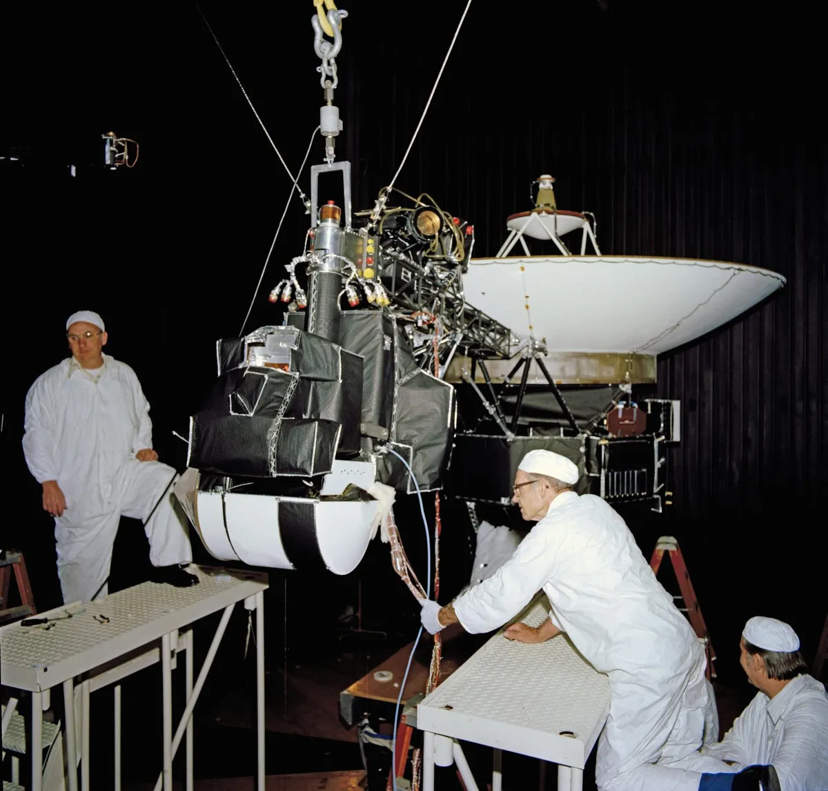 One of the Voyager spacecraft undergoing tests at NASA's Jet Propulsion Laboratory, April 1977. Credit: NASA/JPL-Caltech