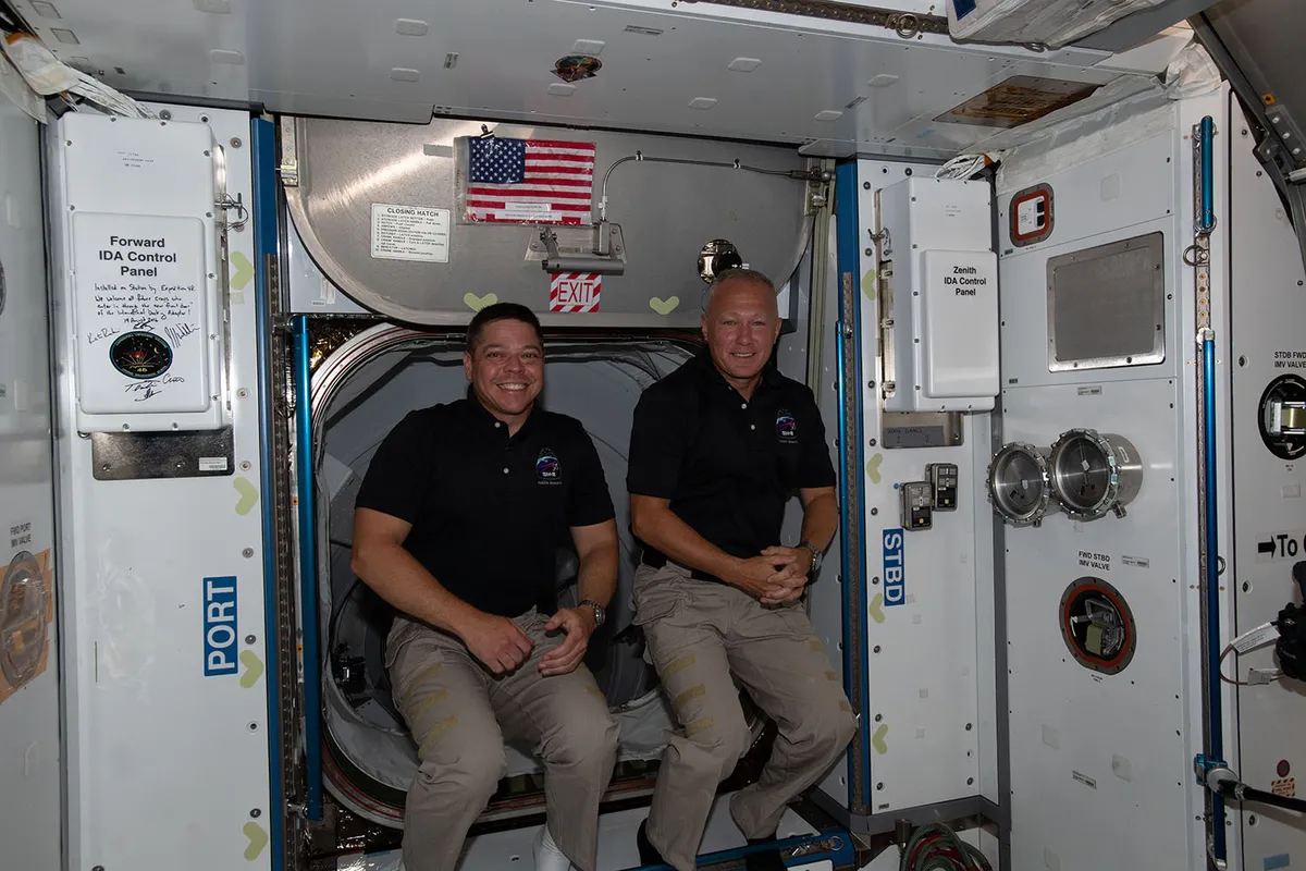 Behnken and Hurley abroad the International Space Station on 31 May 2020, shortly after having arrived via the SpaceX Crew Dragon spacecraft. Credit: NASA