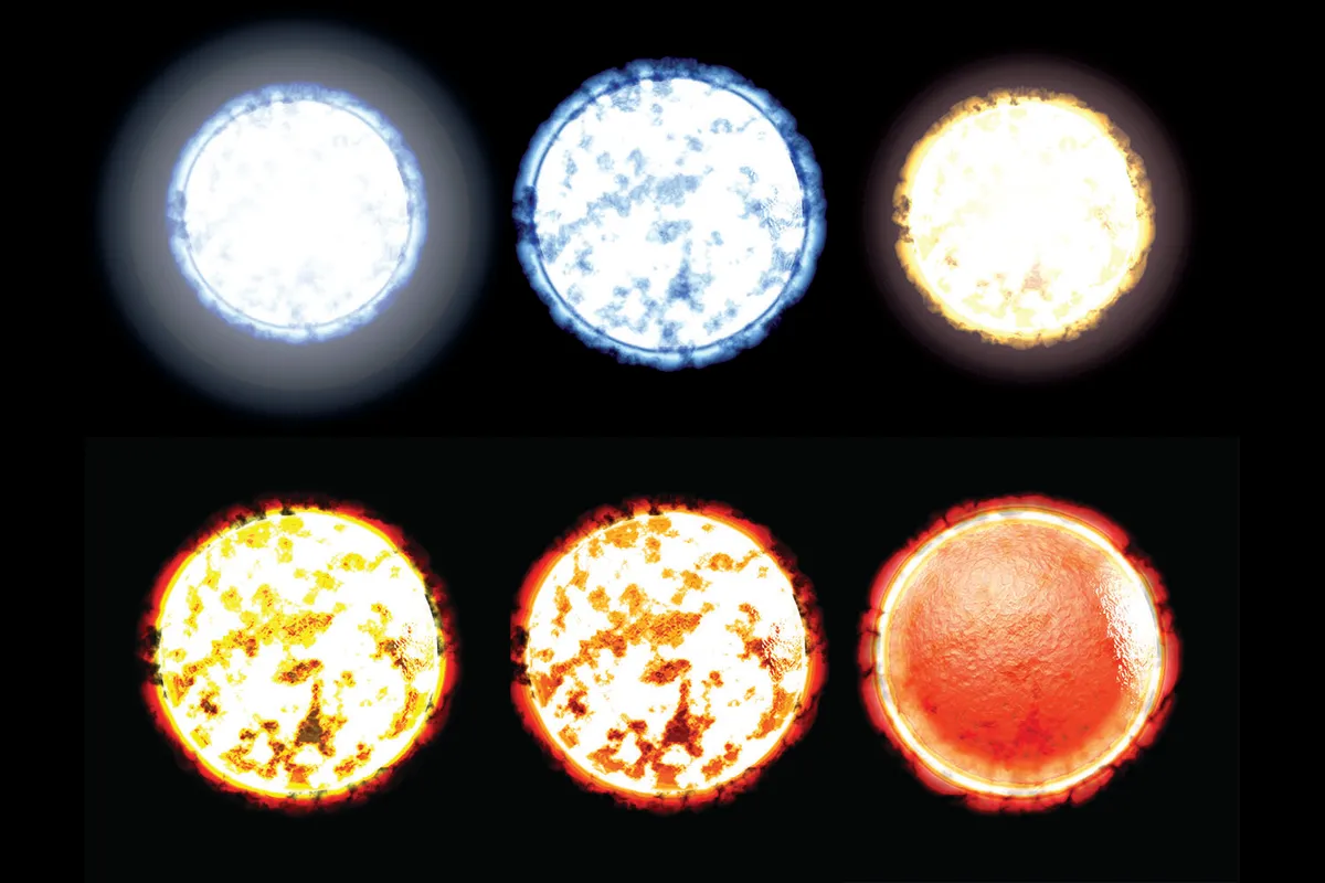 Þ The coolest stars are red with surface temperatures around 3,000°C and the hottest are white at a toasty 40,000°C. Credit: Christian Darkin / Science Photo Library