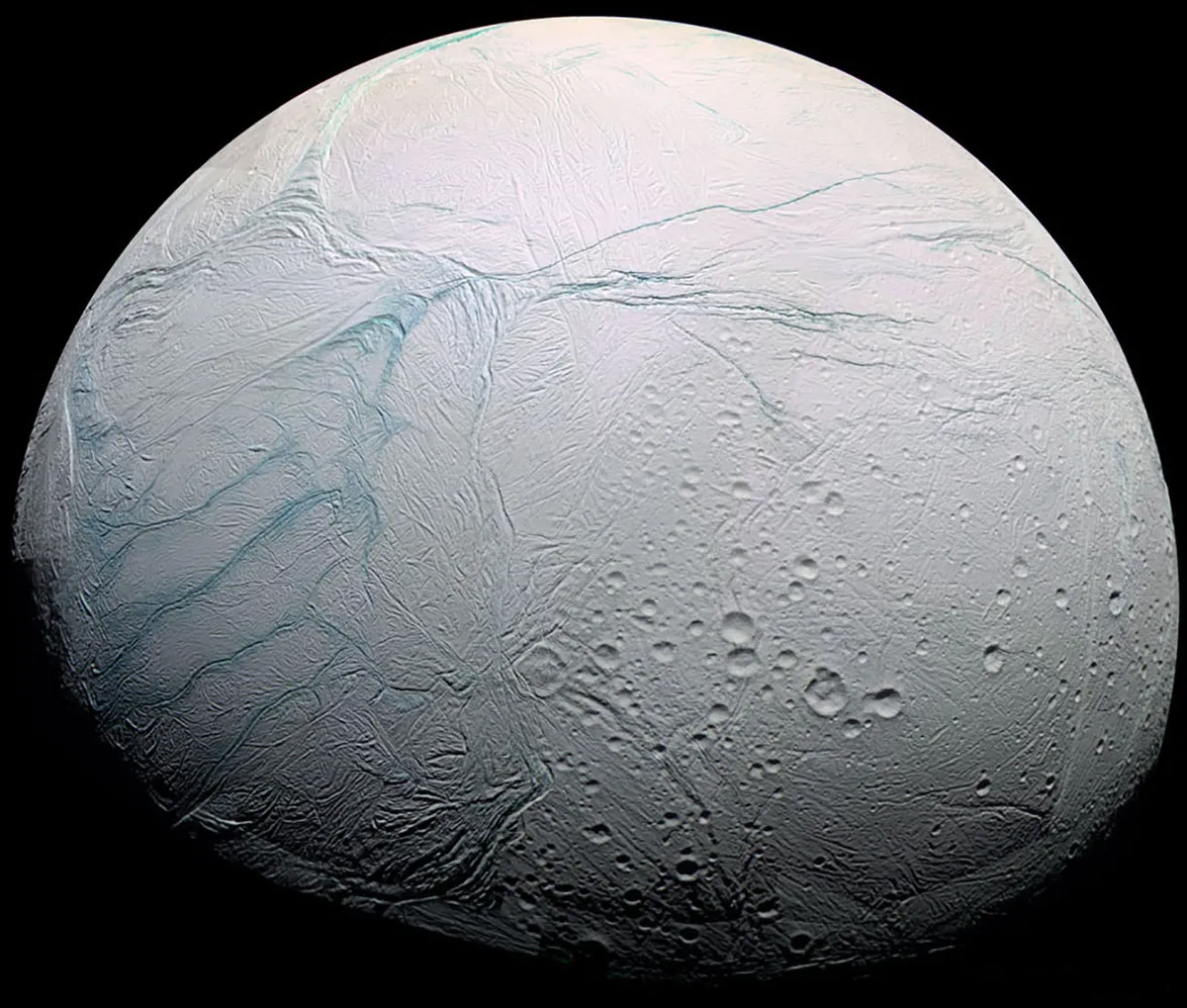 Tiger stripes on Saturn's frozen moon Enceladus. Credit: NASA, ESA, JPL, SSI, Cassini Imaging Team