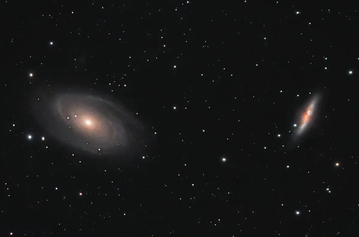 M81, Bode's Galaxy and M82, The Cigar Galaxy Andy Rattler Brown, Preston, 15 April 2020. Equipment: ZWO ASI 294MC Pro colour camera, Explore Scientific ED80 apo refractor, Sky-Watcher NEQ6 Pro mount