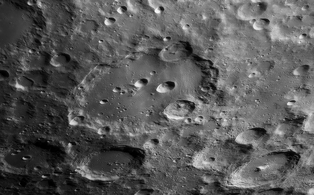 Clavius is a wonderfully rugged moon crater, ripe for observing with a telescope. Credit: Pete Lawrence