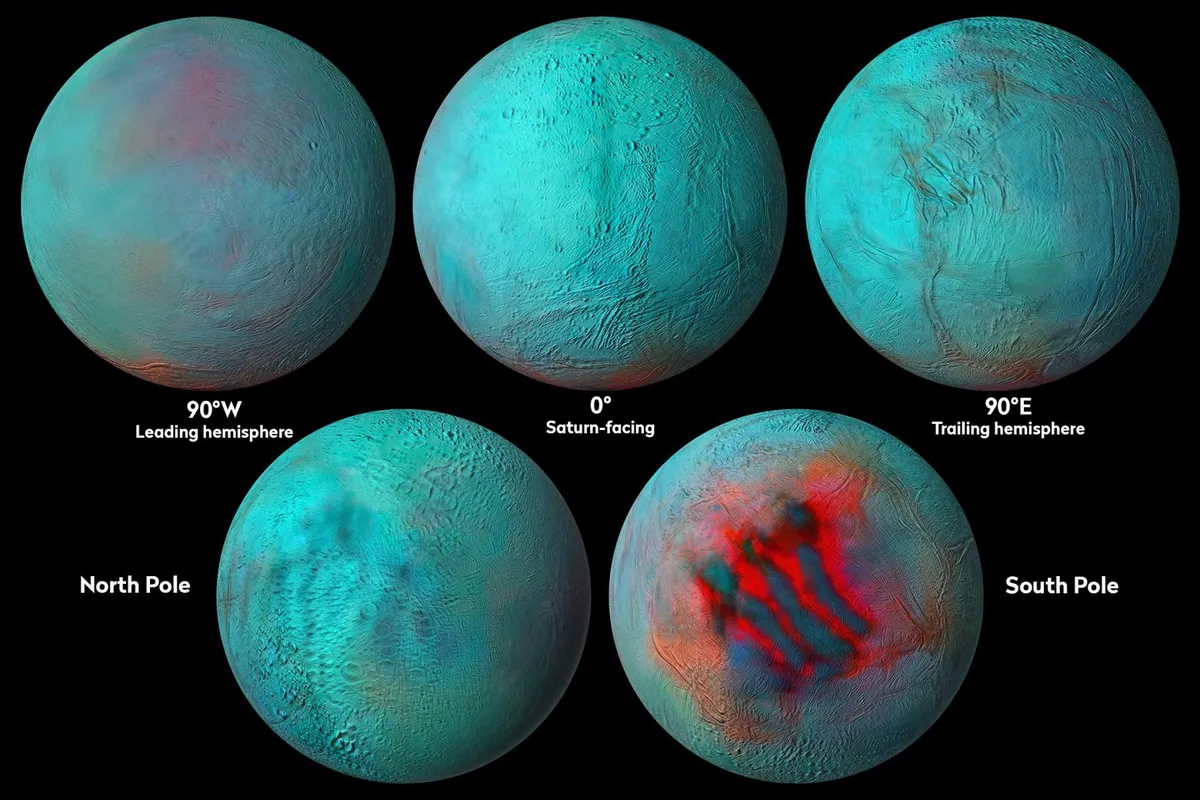 Composite infrared images of Cassini's moon Enceladus, revealing geologic activity. Credit: NASA/JPL-Caltech/University of Arizona/LPG/CNRS/University of Nantes/Space Science Institute