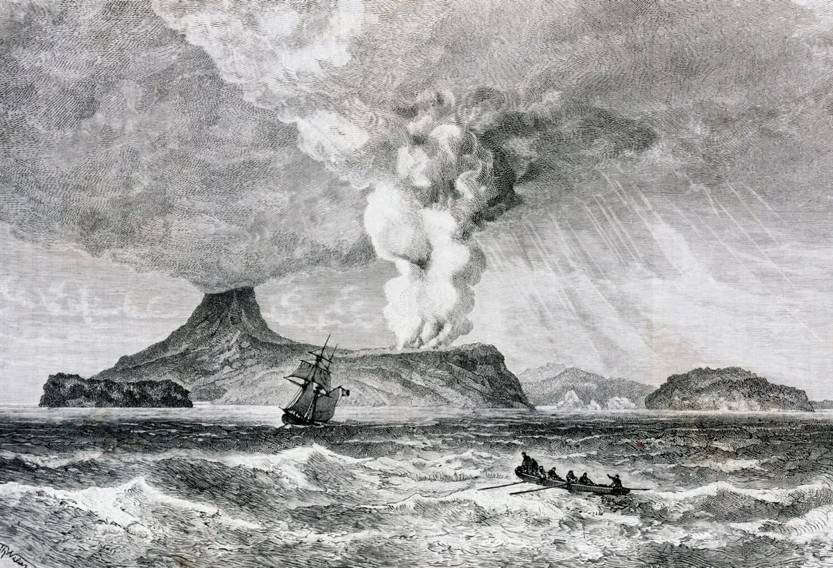An illustration depicting the eruption of Perbuatan volcano on Krakatoa Island, August 1883. Photo by DeAgostini/Getty Images
