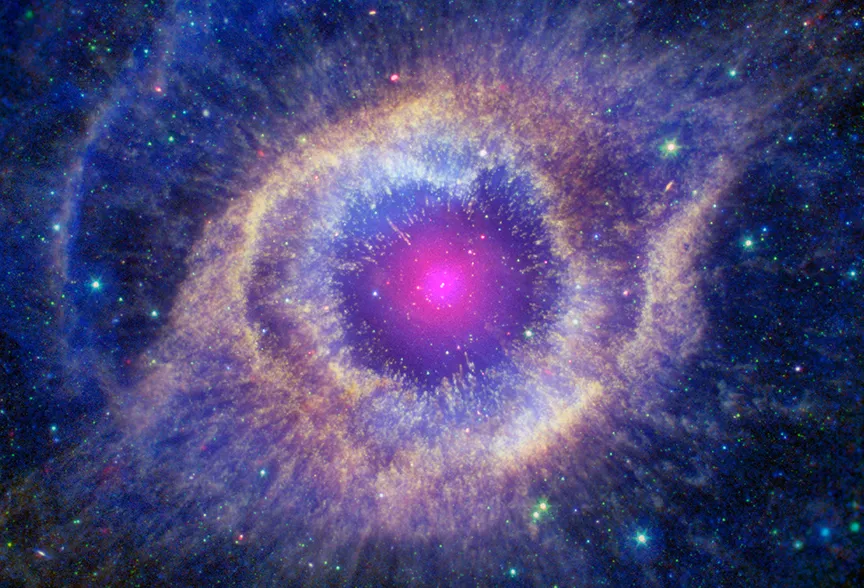 The Helix Nebula, by the Chandra X-ray Observatory, Hubble Space Telescope, Spitzer Space Telescope and Galaxy Evolution Explorer. Credit: X-ray: NASA/CXC; Optical: NASA/STScI.