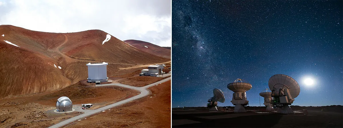 Left: the James Clerk Maxwell Telescope. Right: ALMA. Credit: A. Woodcraft (AdamW at en.wikipedia) / ESO/José Francisco Salgado (josefrancisco.org)