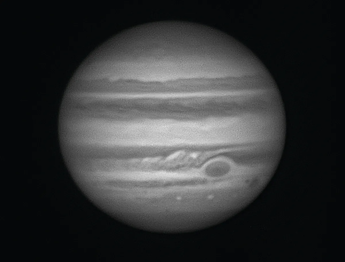 Through a blue filter, Jupiter’s Great Red Spot appears much more distinct. Credit: Pete Lawrence