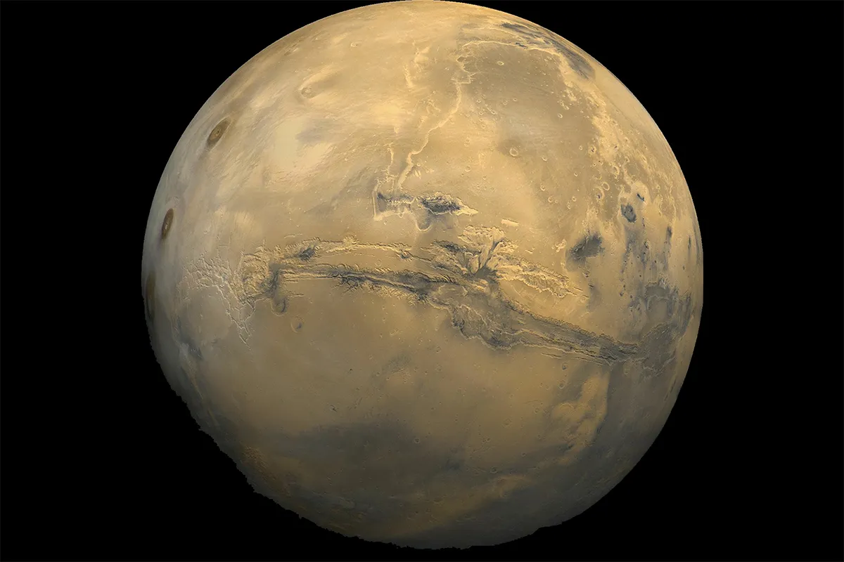 Valles Marineris on Mars is the largest canyon in the Solar System, extending over 3,000km. It is as much as 600km wide and as much as 8km deep. Credit: NASA