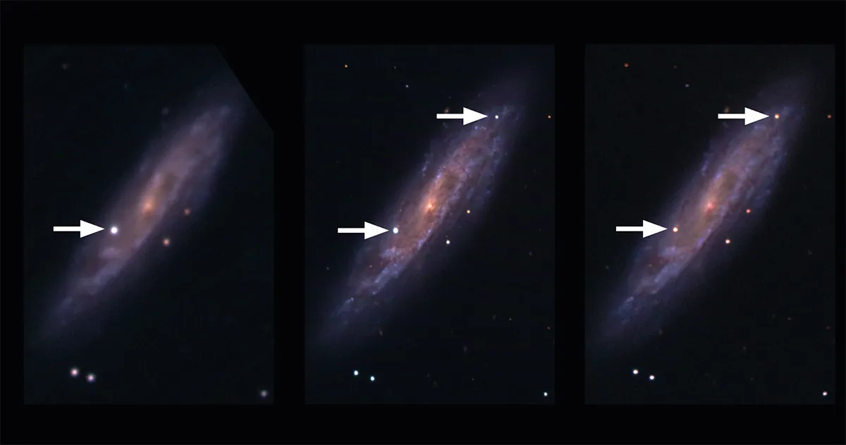 Three images of NGC 2770 from early 2008 show the rare occurrence of two supernovae. Credit: ESO