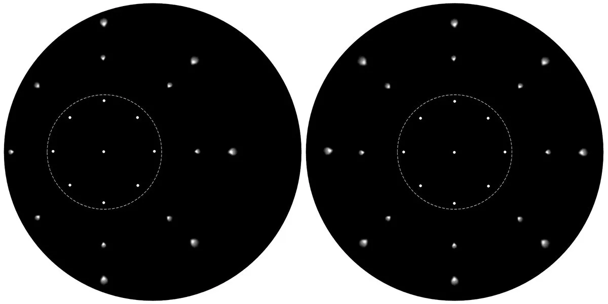 Left: the view through a scope in need of collimation, with a sweet spot off-centre. Right: the same view in a well-collimated Newtonian, with the sweet spot in the centre.
