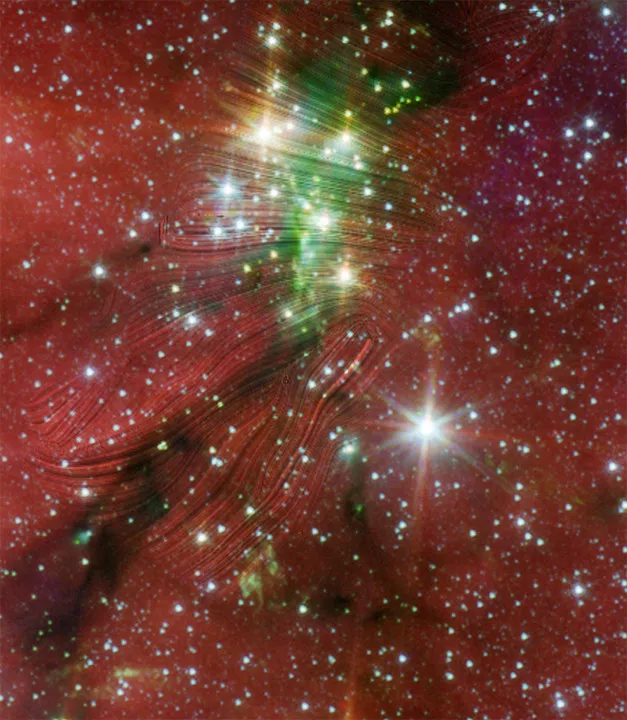 Magnetic fields in Serpens South star cluster SOFIA/Spitzer Space Telescope, 20 August 2020. Credit: NASA/SOFIA/T. Pillai; NASA/JPL-Caltech/L. Allen