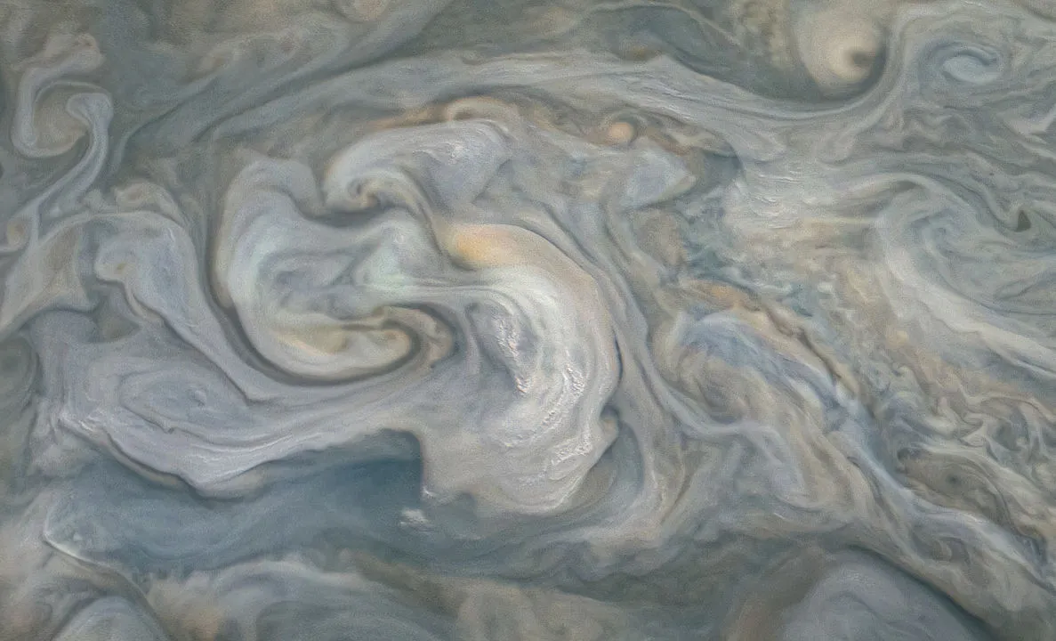 Jupiter’s clouds, mid-northern latitude Juno spacecraft, 5 August 2020. Credit: NASA/JPL-Caltech/SwRI/MSSS/Kevin M. Gill © CC BY