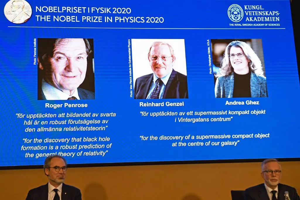 Roger Penrose of Britain, Reinhard Genzel of Germany and Andrea Ghez of the US were revealed as the winners of the 2020 Nobel Prize in physics for their work studying black holes. Credit: REDRIK SANDBERG / Getty Images
