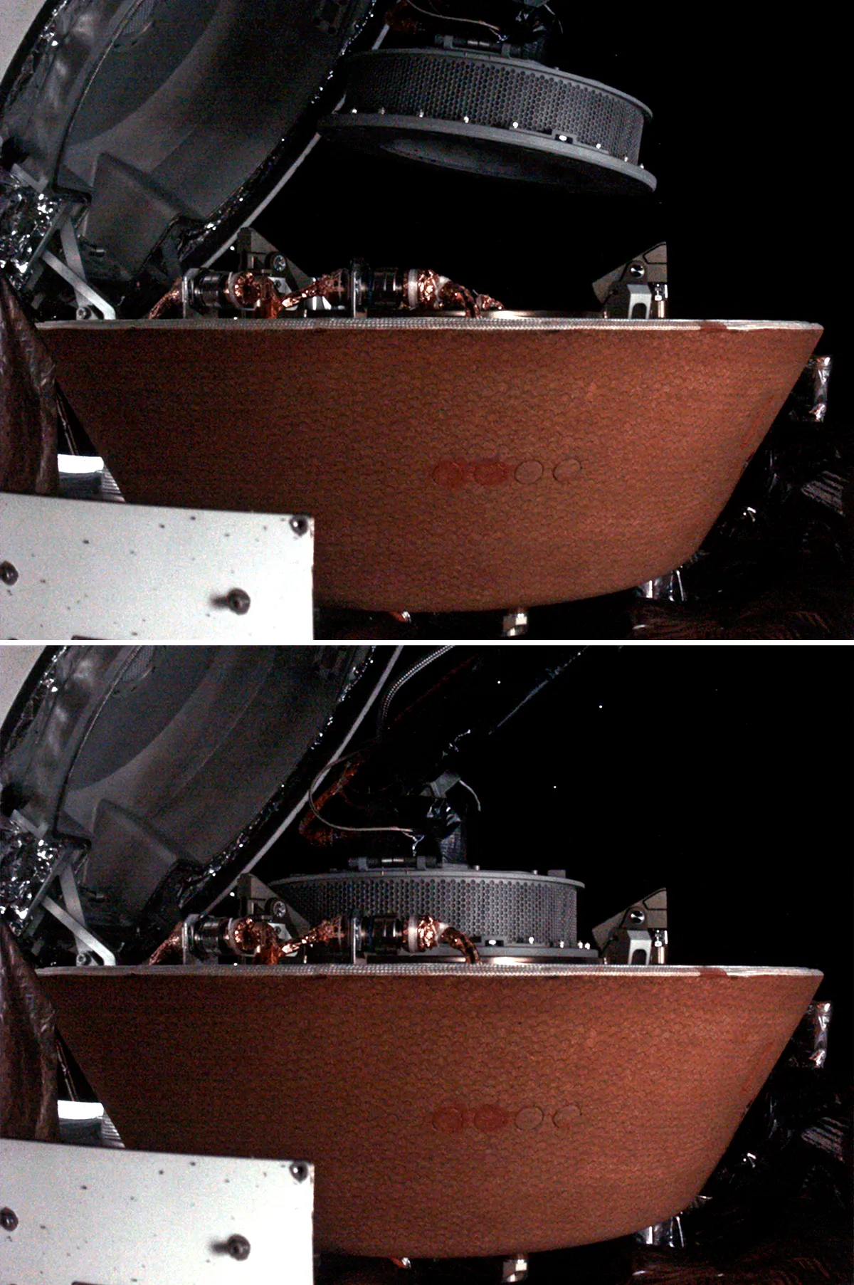 Two images of the TAGSAM sample container being stowed on the OSIRIS-REx spacecraft. Particles taken from Bennu are seen escaping in the bottom picture. Credit: NASA/Goddard/University of Arizona/Lockheed Martin