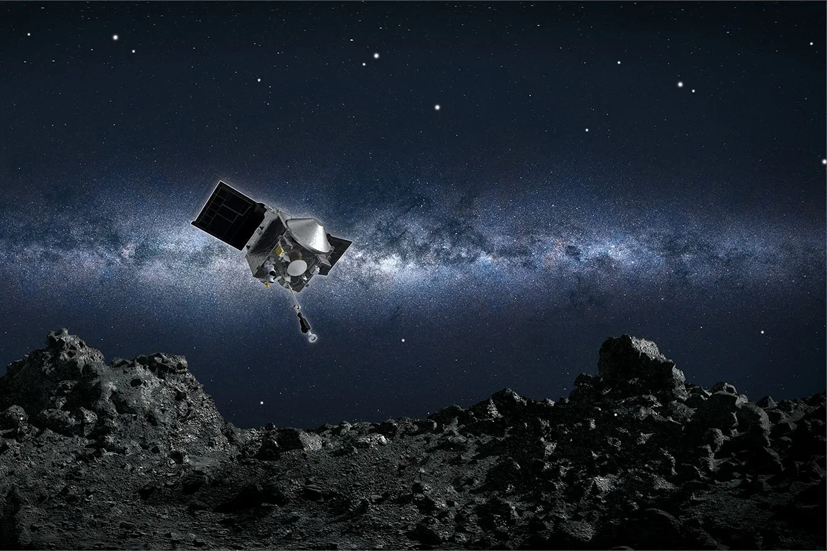 Artist’s impression of OSIRIS-REx spacecraft collecting a sample from asteroid Bennu. Credit: NASA/Goddard/University of Arizona