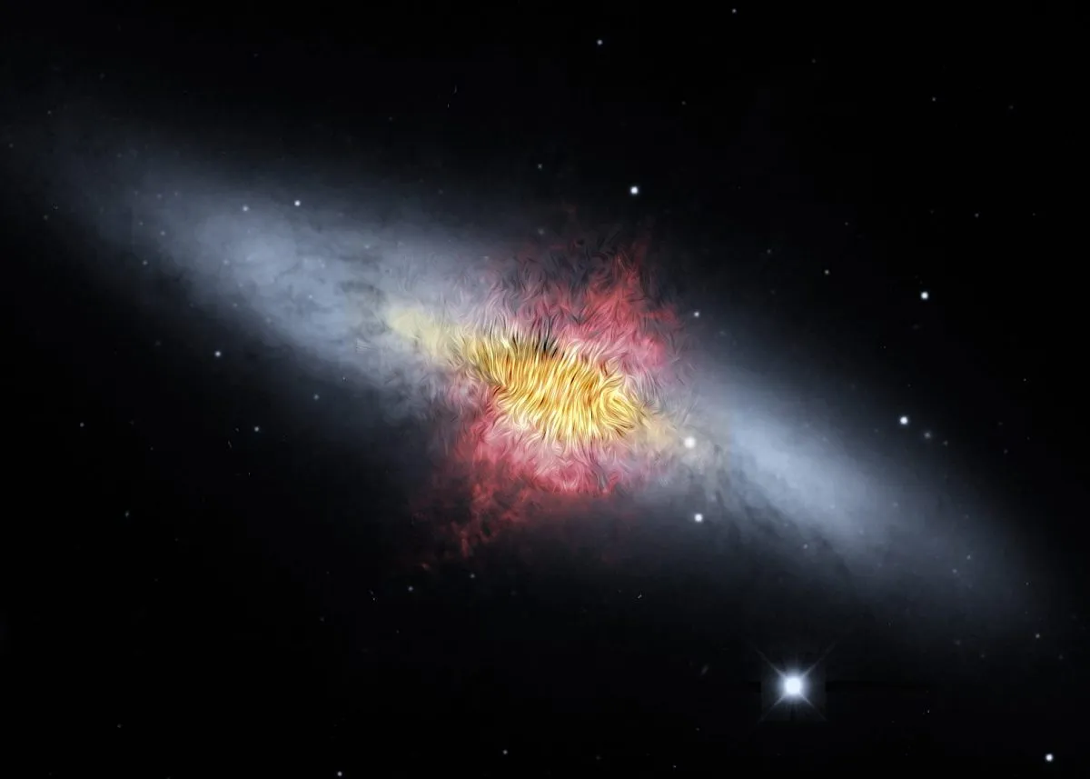 A composite image of the Cigar Galaxy using data from SOFIA and the Spitzer Space Telescope. The magnetic field detected by SOFIA is shown as streamlines in the image. Credits: NASA/SOFIA/E. Lopez-Rodriguez; NASA/Spitzer/J. Moustakas et al.