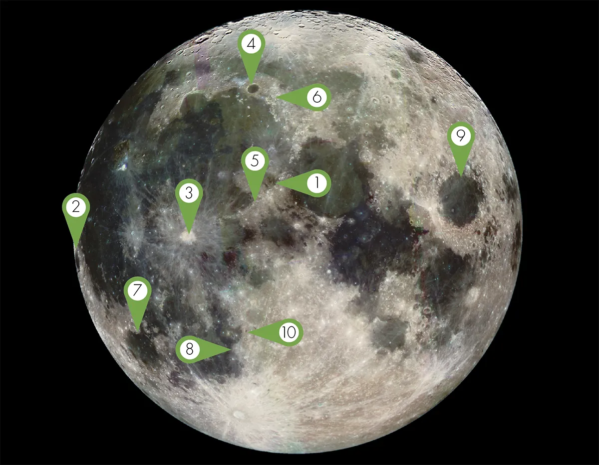 Map showing the 10 best features to observe on the Moon