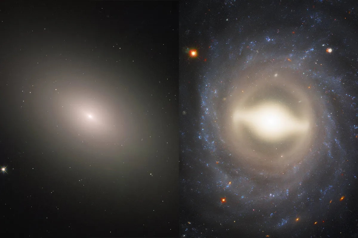 Left: elliptical galaxy NGC 4621. Right: Spiral galaxy NGC 1015. Credit: ESA/Hubble & NASA, P. Cote / ESA/Hubble & NASA, A. Riess (STScl/JHU)