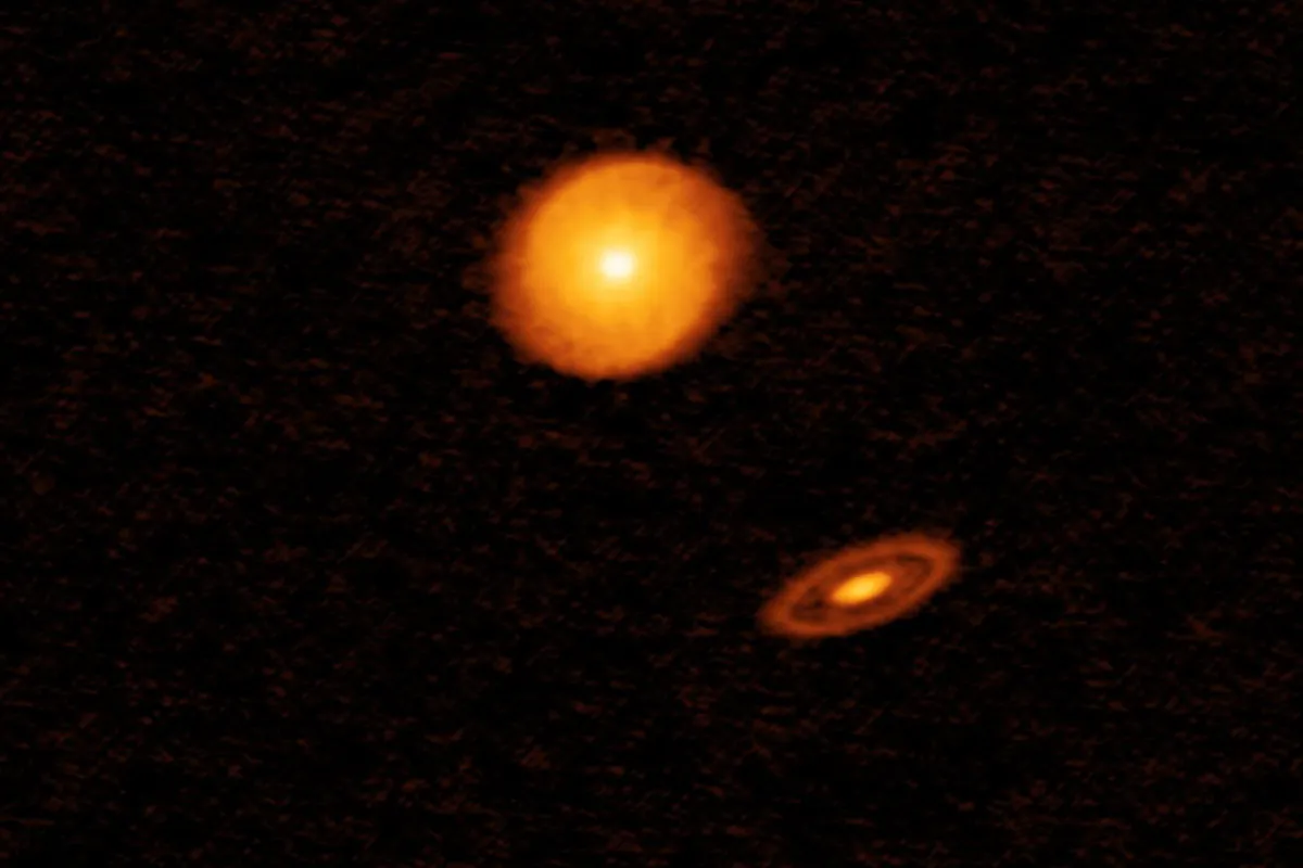 Multiple star system AS 205, as seen by the Atacama Large Millimeter/submillimeter Array in Chile. While two discs can be seen, the lower right disc is actually shared by two stars in a binary system. Credit: ALMA (ESO/NAOJ/NRAO), S. Andrews et al.; NRAO/AUI/NSF, S. Dagnello