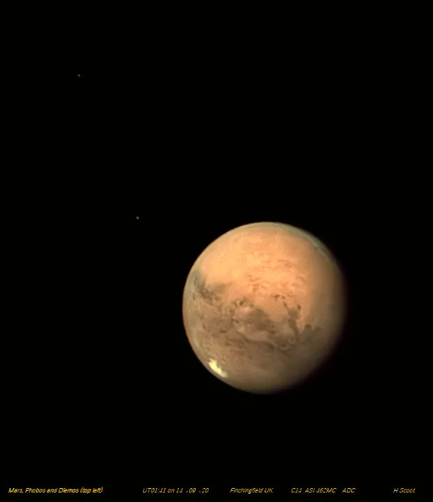 Mars, Phobos and Deimos Harvey Scoot, Finchingfield, Essex, 14 September 2020 Equipment: ZWO ASI 462MC one-shot colour camera, Celestron EdgeHD 14-inch Schmidt-Cassegrain, Mesu-Mount 200