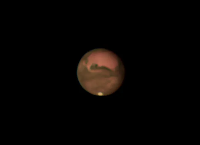 Mars photographed by Luke Oliver, Bedford, 26 September 2020. Equipment: ZWO AI 178MM camera, Sky-Watcher Skyliner 400P Dobsonian