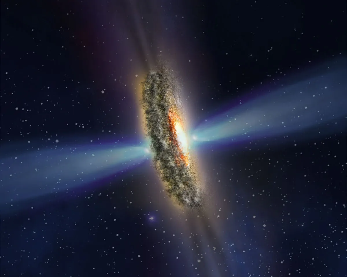 An artist's impression of the dusty disc surrounding the black hole at the centre of galaxy IC 5063. The disc is casting its shadows into space, while bright rays pass through gaps in the material. Credit: NASA, ESA, and Z. Levy (STScI)