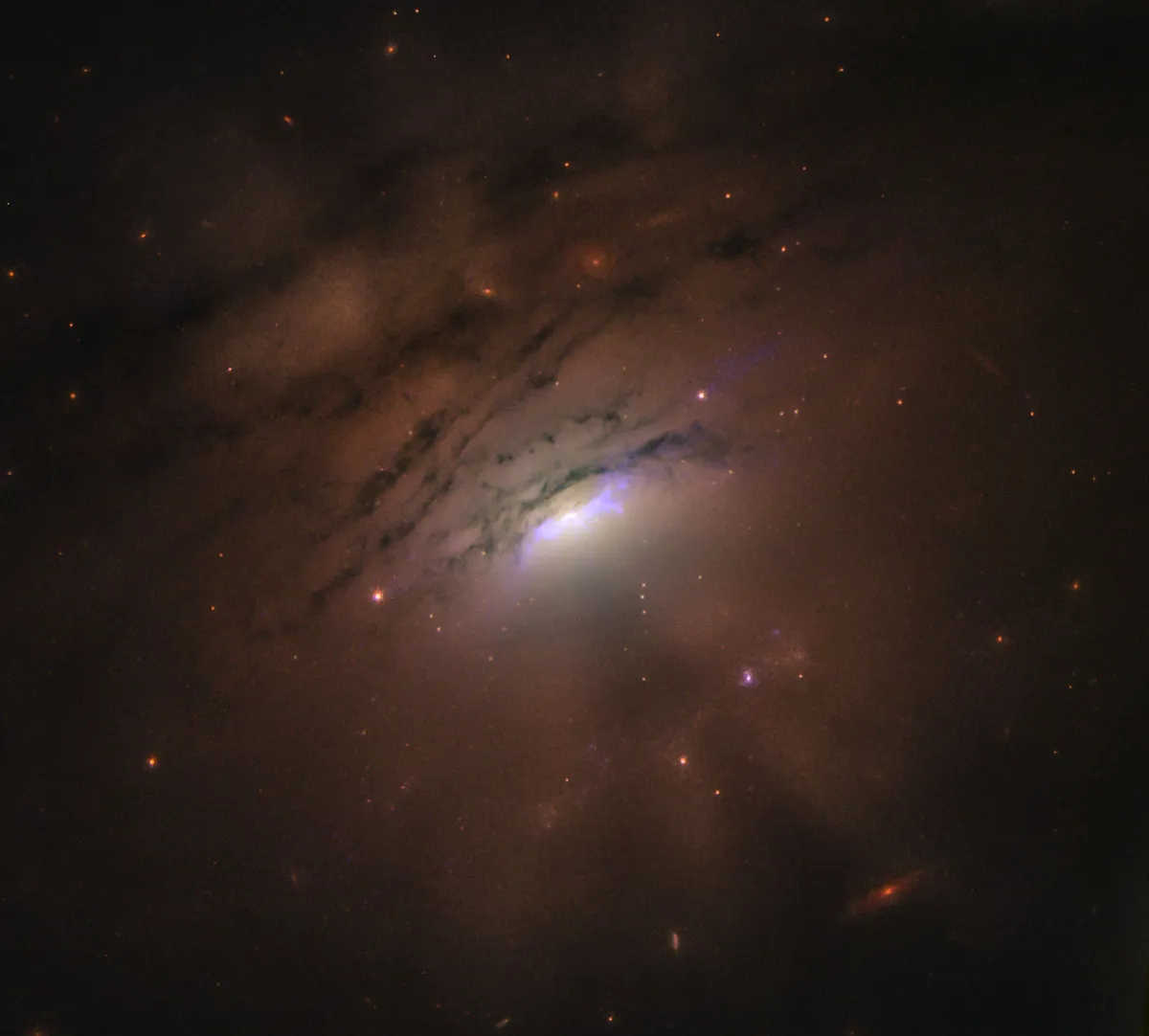 Cone-shaped shadows emanating from the bright centre of galaxy IC 5063 could be cast by the dusty ring surrounding the supermassive black hole at its centre. Credit: NASA, ESA, STScI and W.P. Maksym (CfA)