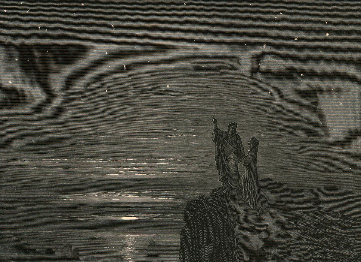 Dante and the poet Virgil emerge from the bowels of hell and are greeted by a starry night sky in The Divine Comedy. Photo by The Print Collector/Getty Images