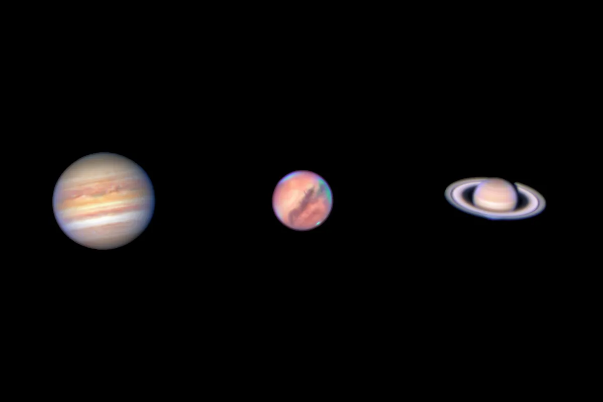 Follow the planets in 2023 and you'll see different Solar System worlds each month.  Jupiter, Mars and Saturn imaged at ESO's La Silla Observatory in the Atacama desert. Credit: ESO