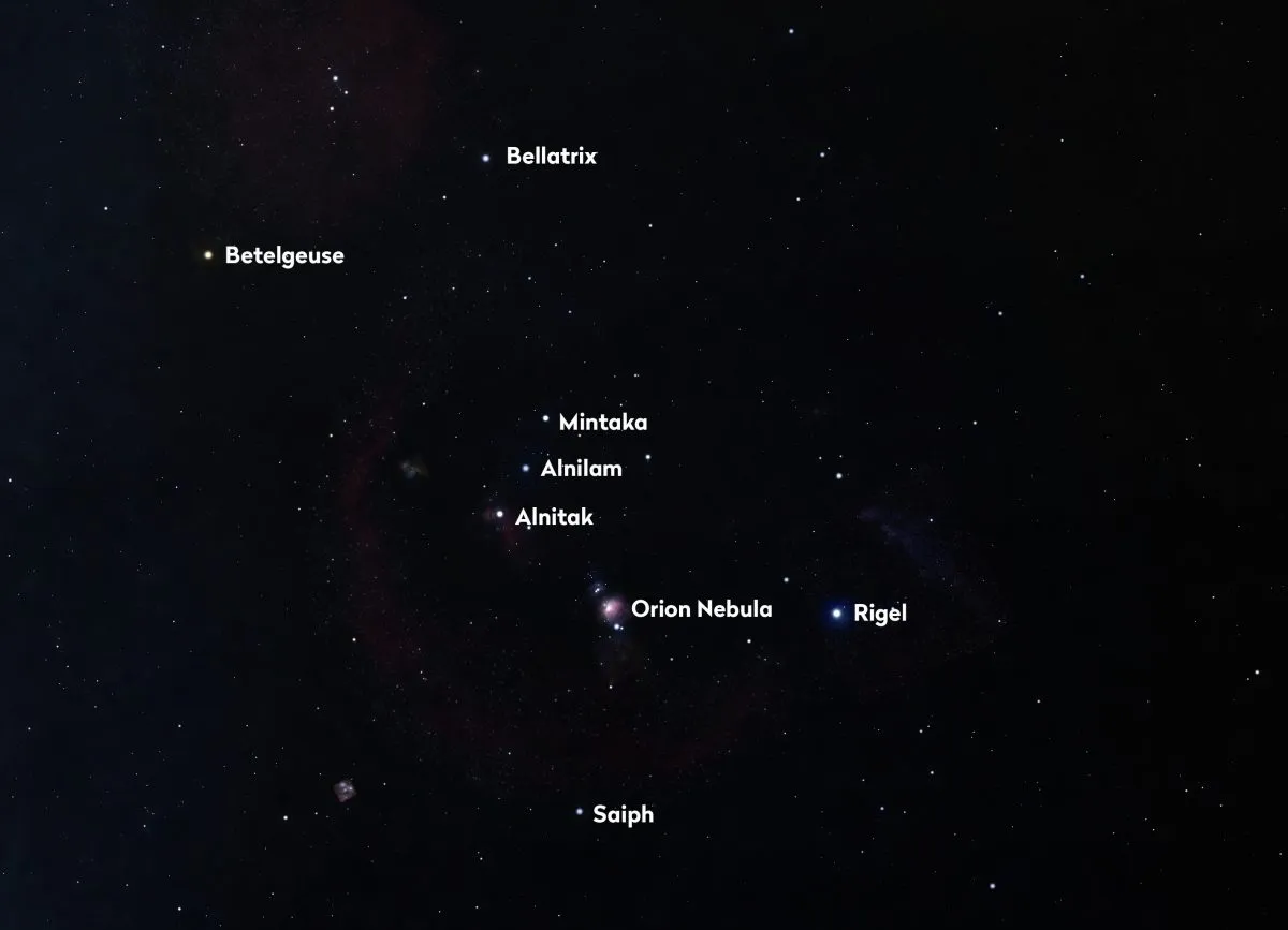 The main stars of the Orion constellation. See if you can spot it throughout the colder seasons. Credit: Stellarium