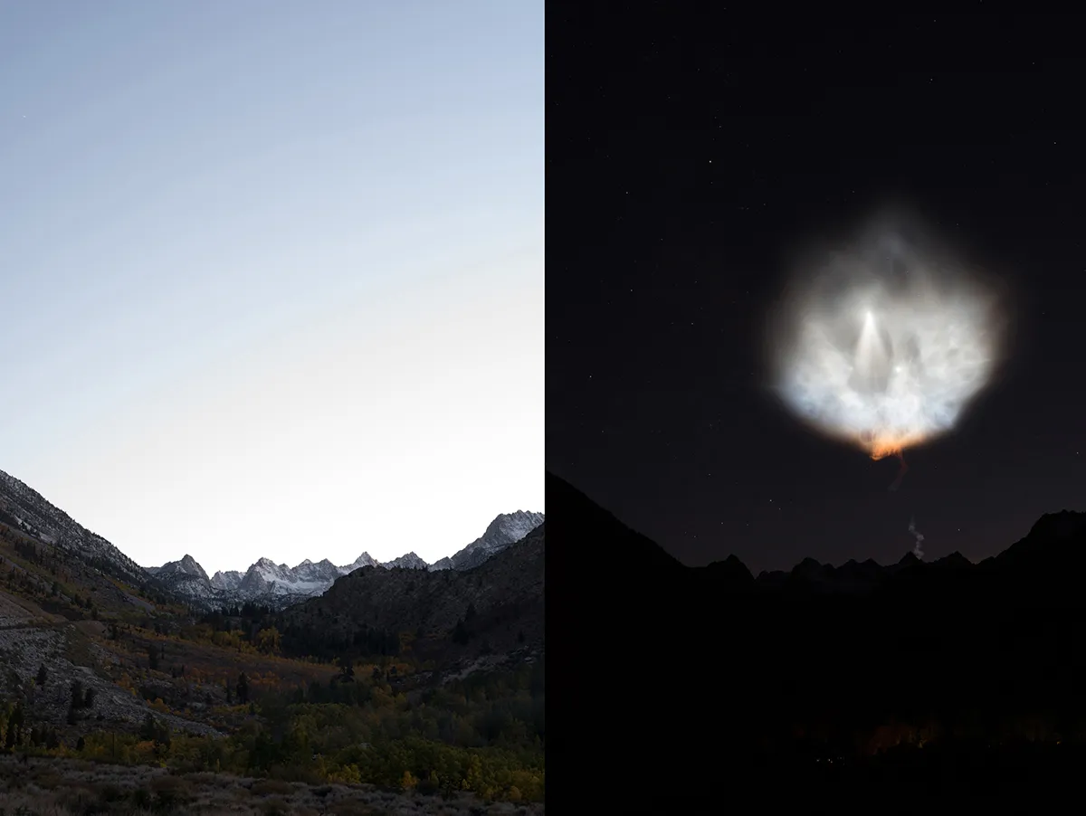Initial images showing the twilight landscape (left) and the later SpaceX launch plume (right). Credit: Brandon Yoshizawa