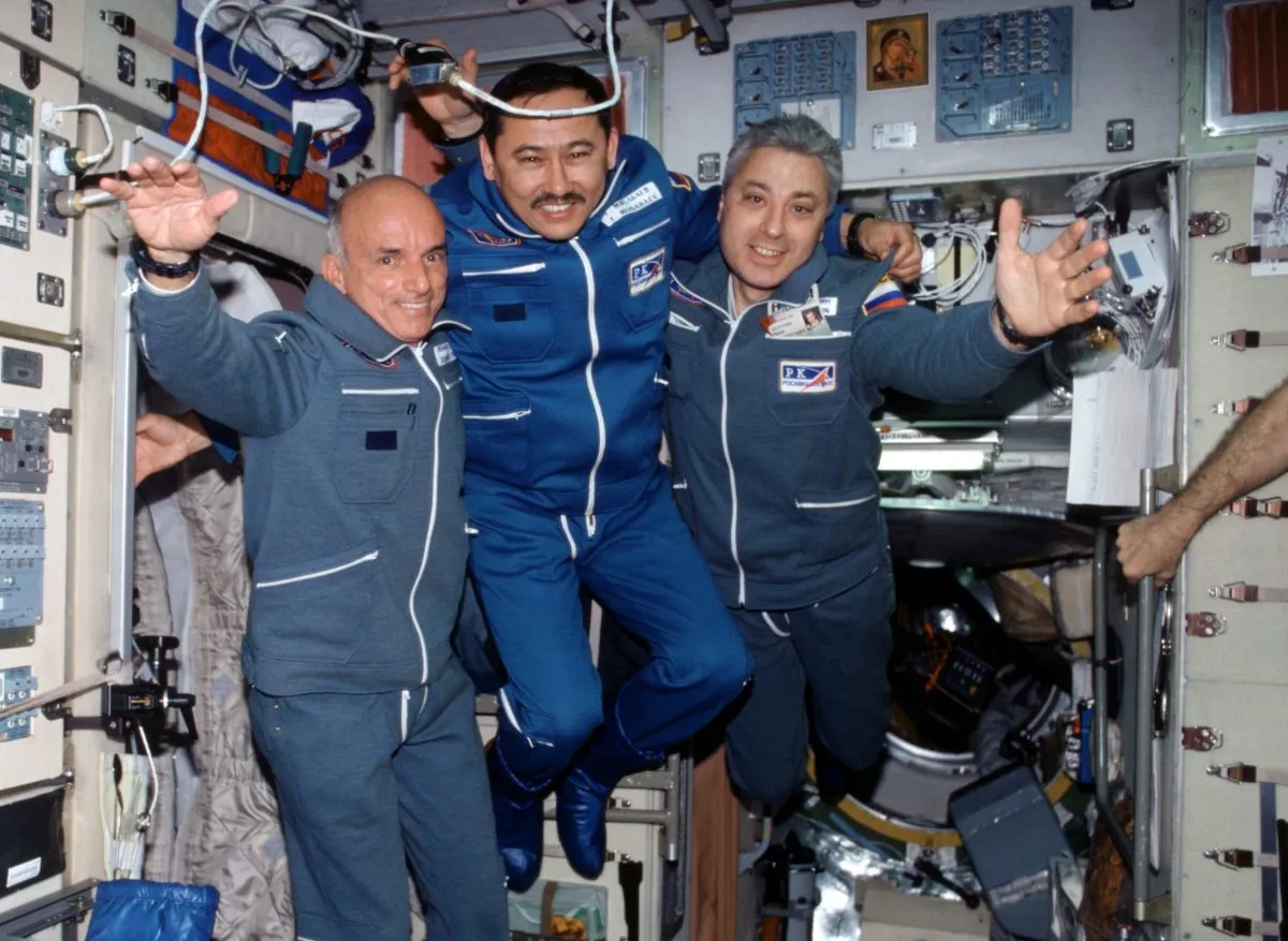 On 30 April 2001 Dennis Tito (left) became the first space tourist to fund his own trip into space when he visited the ISS. Here he is pictured with cosmonauts Talgat Musabayev and Yury Baturin. Credit: NASA