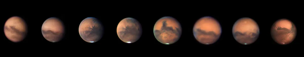 Mars before, during and after opposition Keith Johnson, Ferryhill, County Durham, 31 August– 30 October 2020. Equipment: ZWO ASI 290MM mono camera, Celestron 9.25-inch Schmidt-Cassegrain, Sky-Watcher EQ6 Pro mount