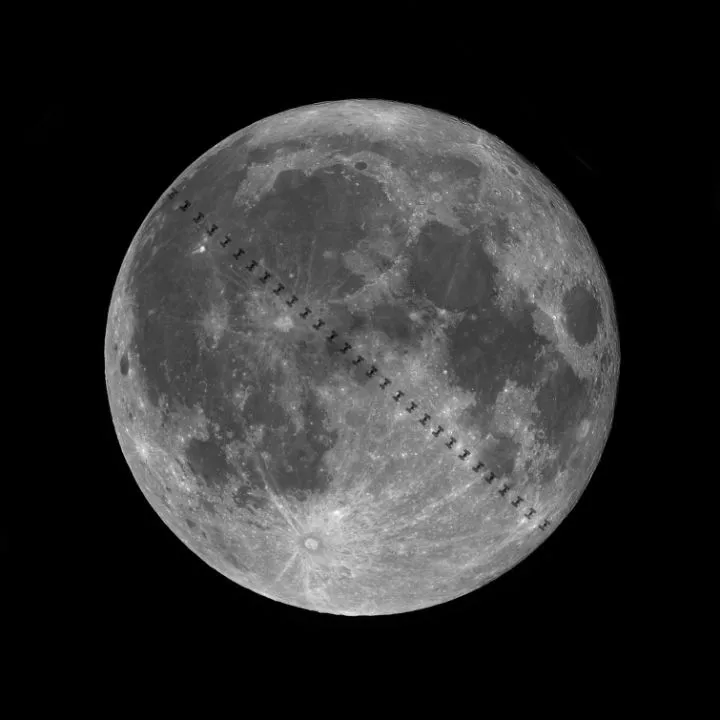ISS zips across the Moon Andrei Dumitriu, Bucharest, Romania, 1 November 2020. Equipment: ZWO ASI 178MC colour camera, Orion ED80 apo refractor, Sky-Watcher Star Discovery mount